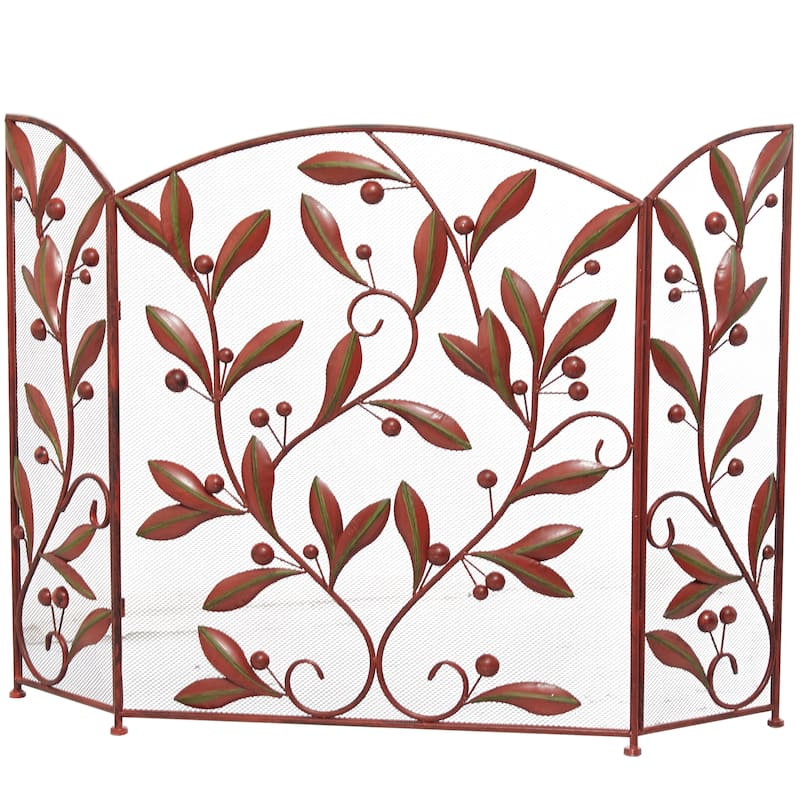 Metal Scroll Foldable Mesh Netting 3 Panel Fireplace Screen with Leaf and Vine Relief - Black or Red - Roche River Decor
