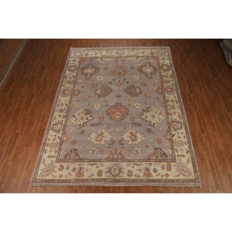 Floral Gray Oushak Indian Area Rug Hand-Knotted Wool Carpet - 9'2" x 12'0"