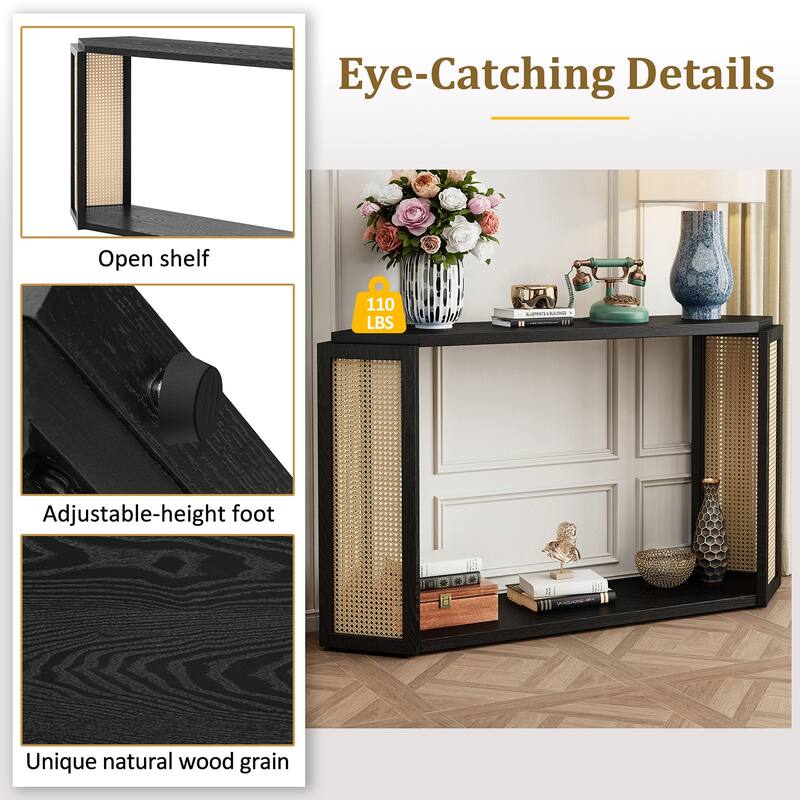 Model Narrow Entryway Table,Irregular Top with Rattan for Living Room