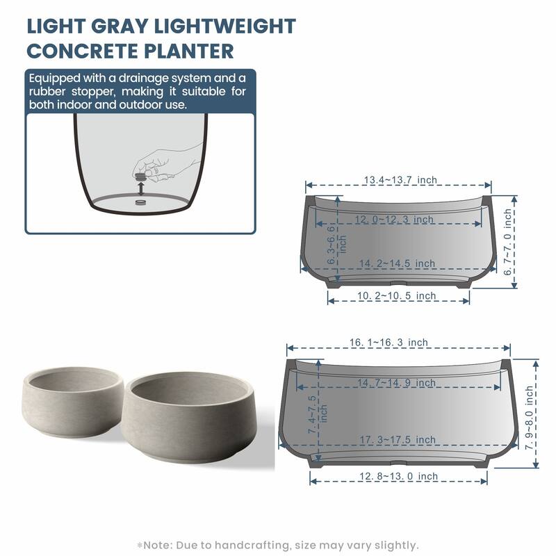 Light Gray Concrete Round Plant Pots / Large Indoor and Outdoor flower Planters - 2 Piece Set (16.5, 13.5 Inch Diameter)