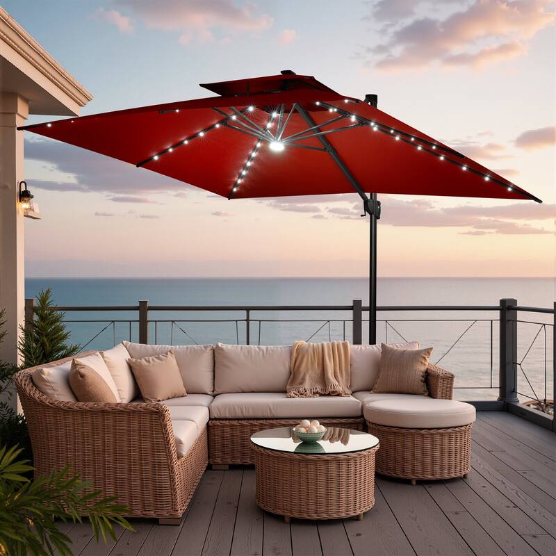 10 FT x 13 FT Outdoor LED Lighted Double Top Patio Cantilever Umbrella