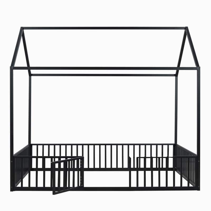 Full Size Metal House Bed with Fence and Door
