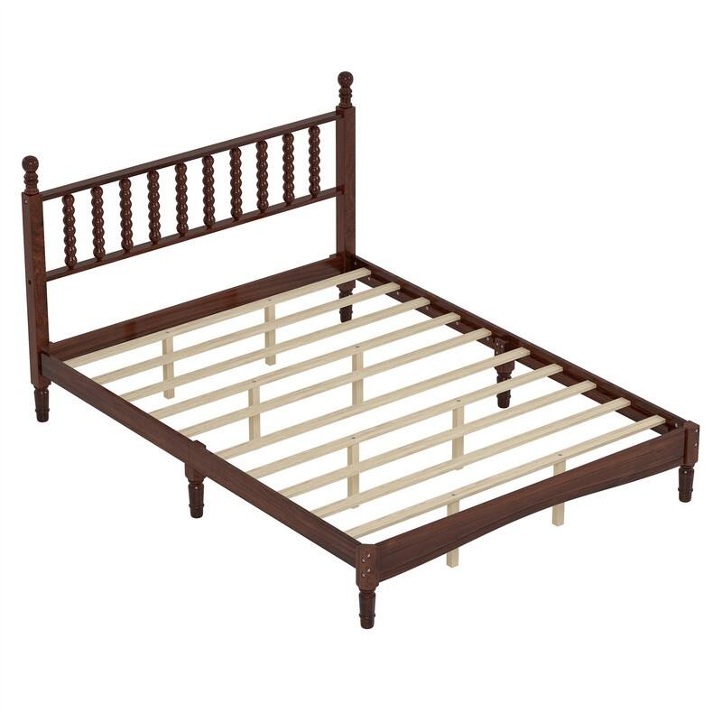 Queen Size Wood Platform Bed with Gourd Shaped Headboard, Retro Style Bed Frame with Wooden Slat Support