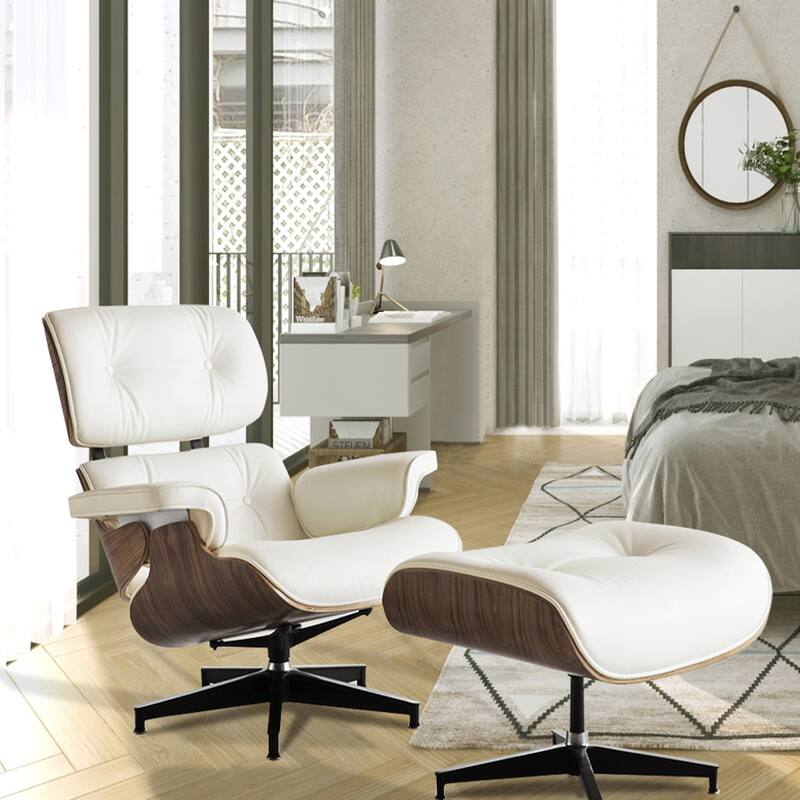 HomeRoots 35" Beige Tufted Leather And Dark Brown Swivel Lounge Chair with Ottoman - 27.1