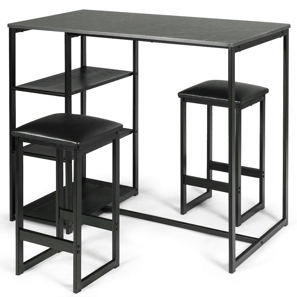 3 pcs Dining Set with Faux Marble Top Table and 2 Stools