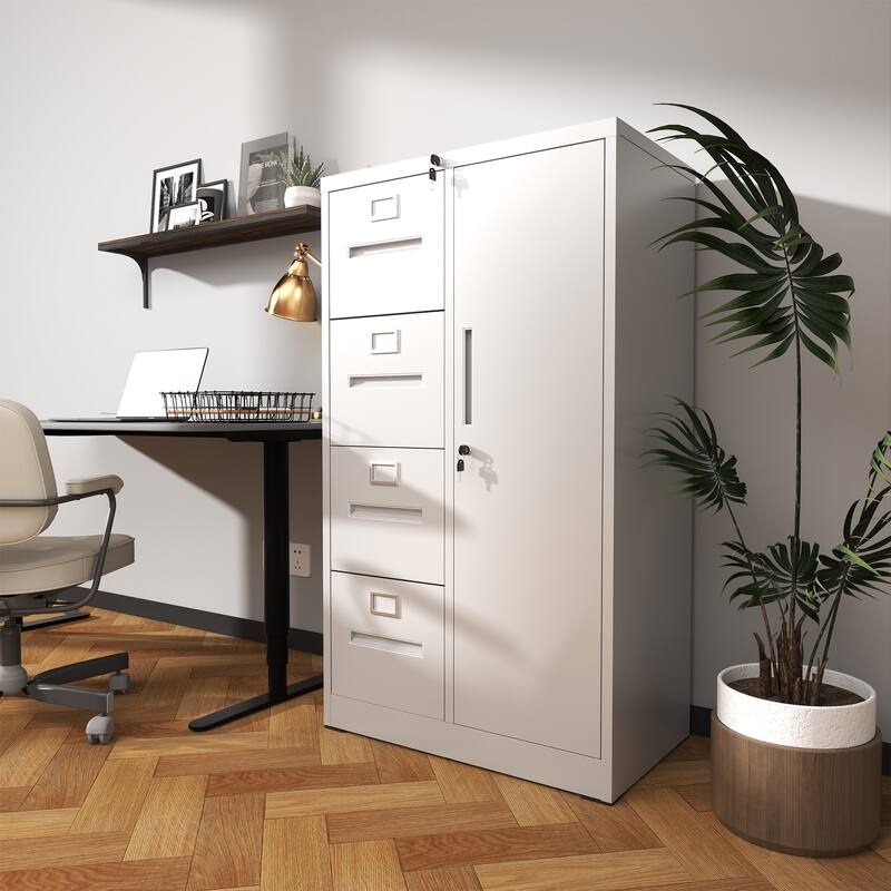 Metal Storage Vertical Filing Cabinet with Lock, Steel File Locker with 4 Drawers and 1 door - White