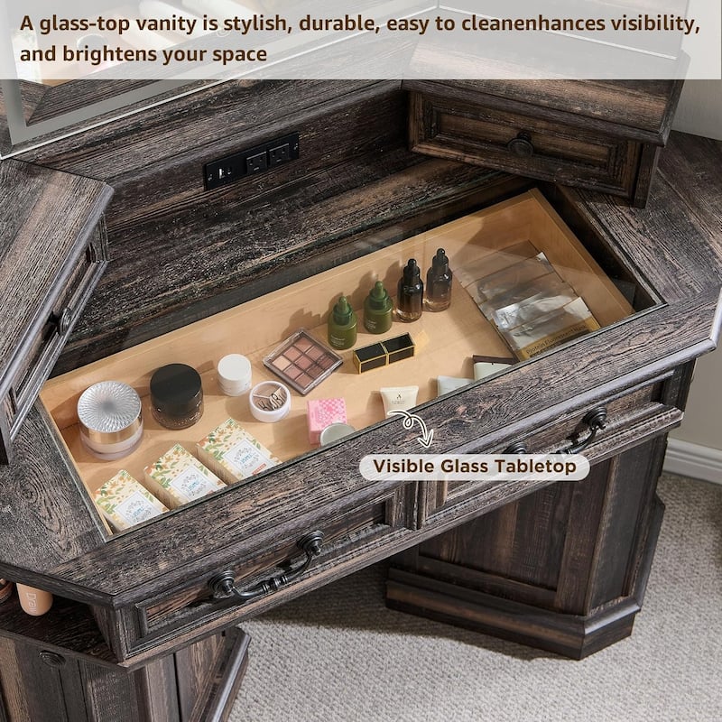 Makeup Vanity Desk with 3 Way Mirror, Glass Top & Charging Station