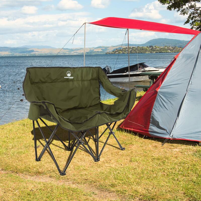 Double Camping Chair - Foldable Portable Couch with 2 Cupholders and Padded Seats - Two-Person Camp Chair by Wakeman Outdoor