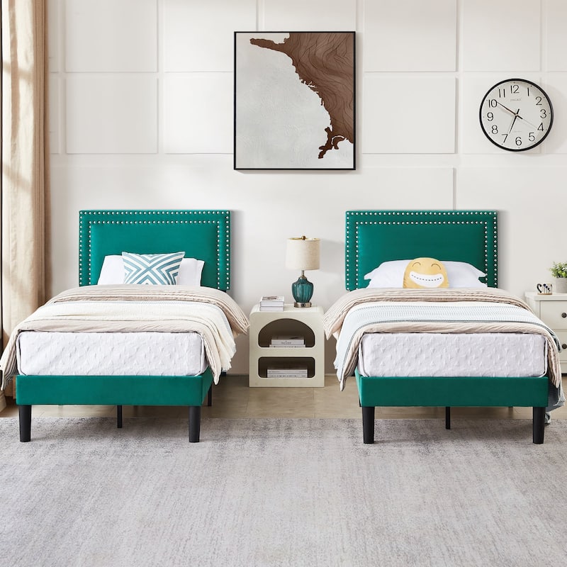 VECELO Twin Size Kids Beds Set of 2 Adjustable Headboard Soft Upholstered Headboard with Rivet Detail 8" Underbed Storage - Green