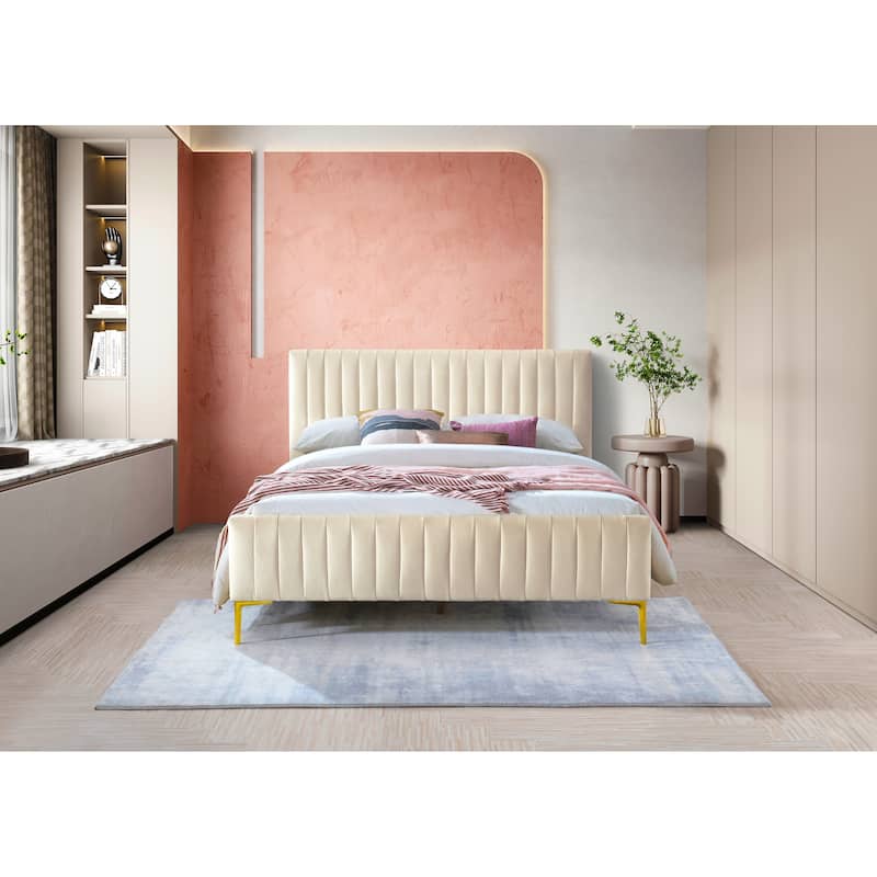 Omax Decor Julia Upholstered Platform Bed with Channel Tufted Headboard and Gold Legs