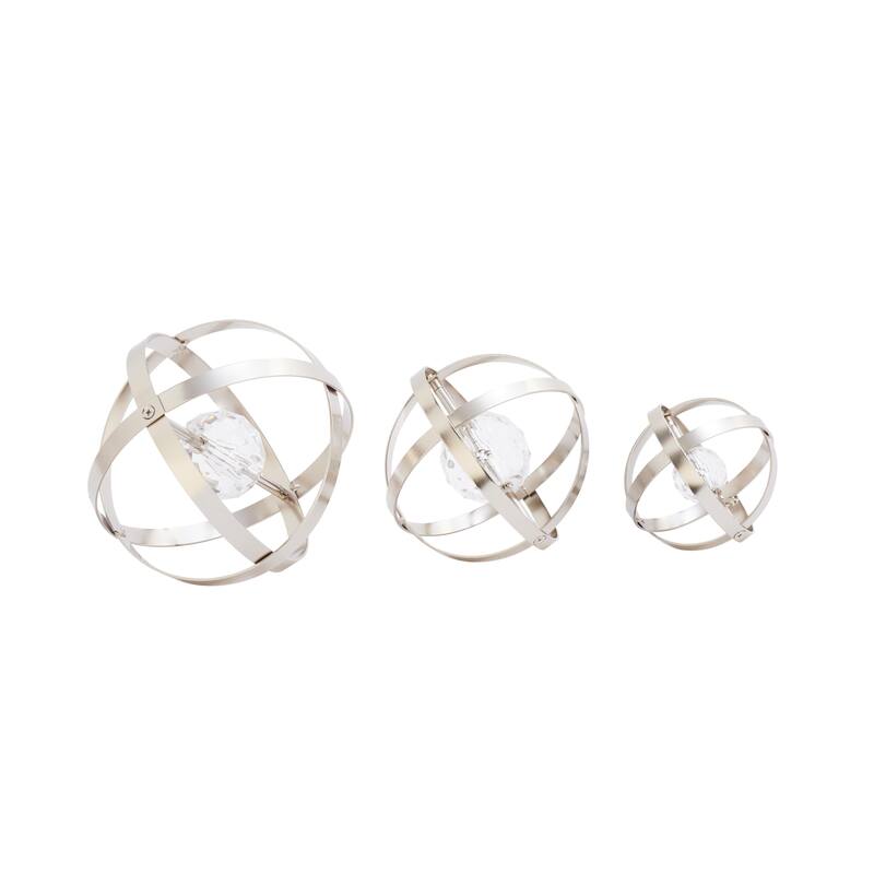 Metal Geometric Orb Decorative Sculpture with Acrylic Center - Set of 3 Gold or Silver - Roche River Decor