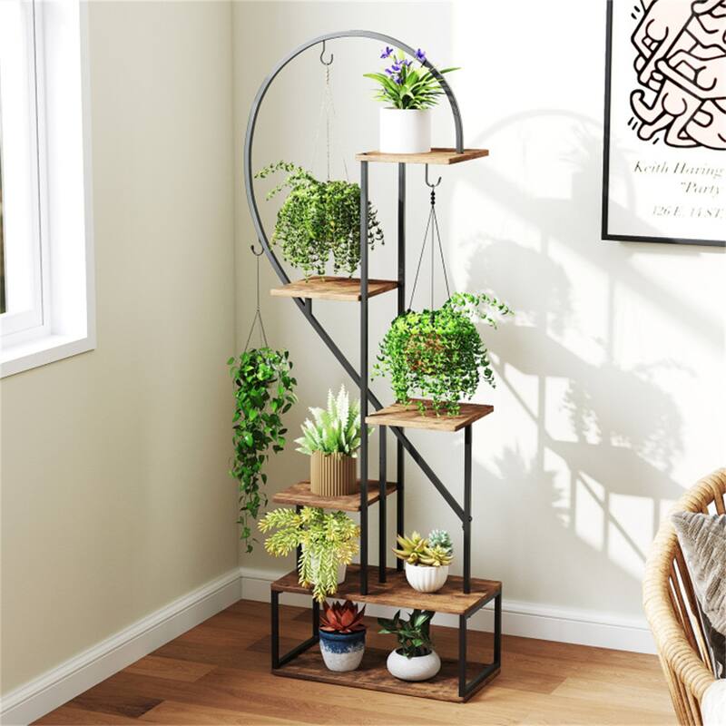 2 Pieces 6-Tier Flower Display Stand with Hooks and Heart-Shaped Plant Shelves for Home Decor - 22" x 11" x 66"