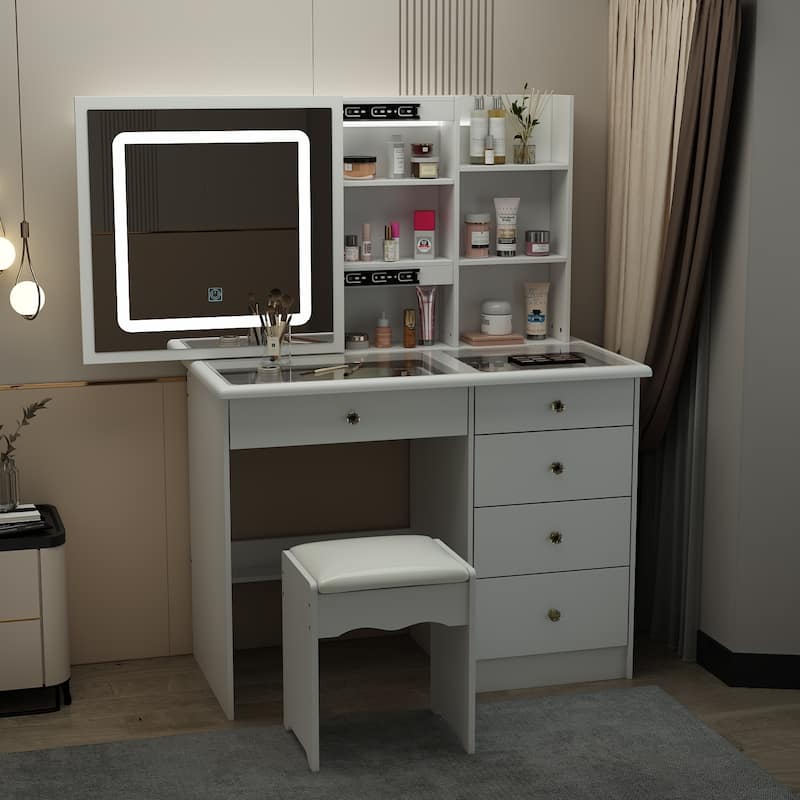 Elegant Makeup Vanity Crystal Accent Lighting Mirror Glass Top Dresser