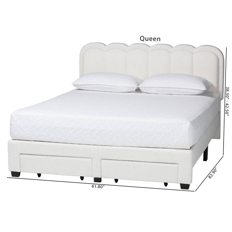 Caradonna Cream Teddy-Bear Fabric Bed with Storage Drawers - Fully Upholstered Platform Bed with Scalloped Headboard, Queen