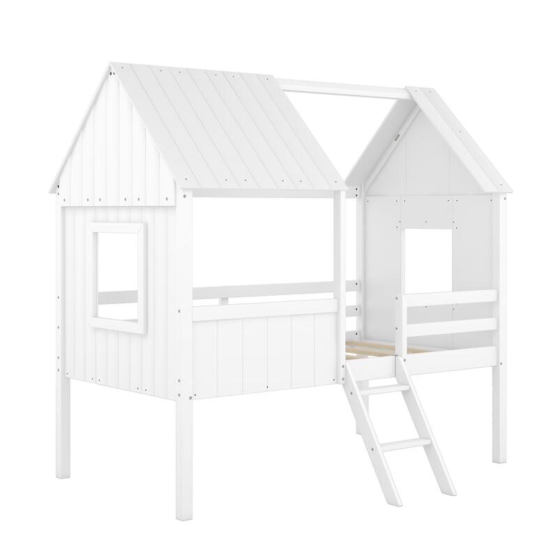 Kids Twin Size Low Loft House Bed with Windows and Roof, Durable Pine Wood Frame, Semi-Enclosed Design for Better Sleep