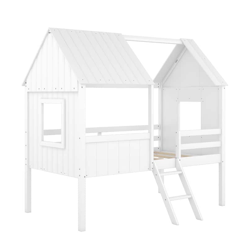 Twin Size Low Loft Wood House bed with Two Side Windows (White)