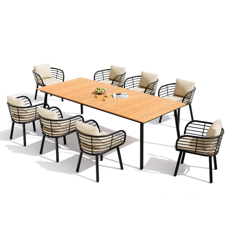 9-PC Outdoor Patio Aluminum Dining Set Table With Dining Chairs Sunbrella Seat&Back Cushions - Table-Brown&Chairs-CanvasAntiqueBeige
