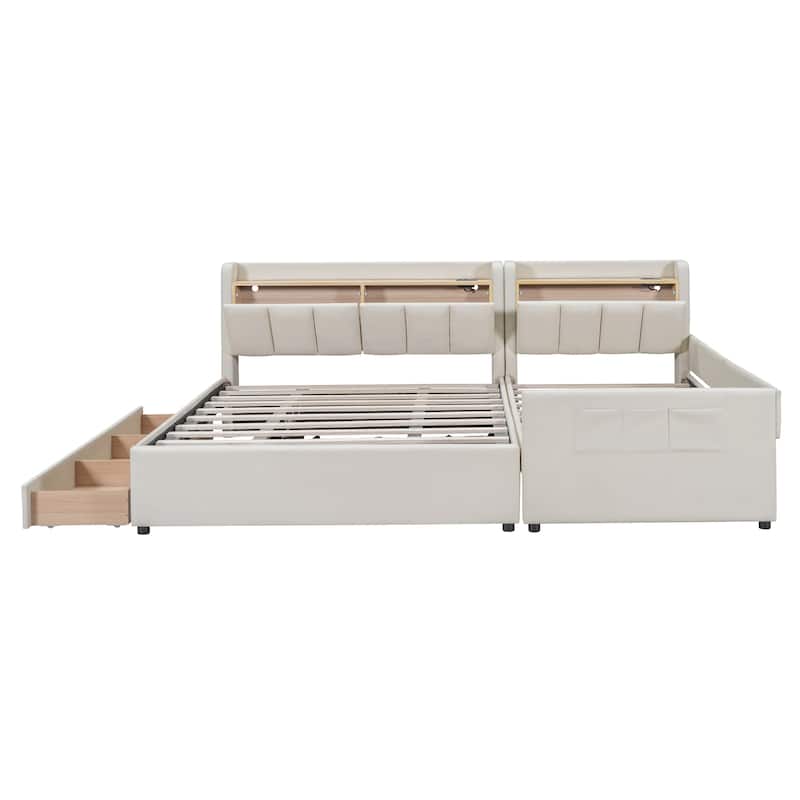 Queen & Twin XL Lift Up Upholstered Platform Bed with Storage Headboard & Drawer Box, Mother & Child Bed w/ Sockets & USB Ports