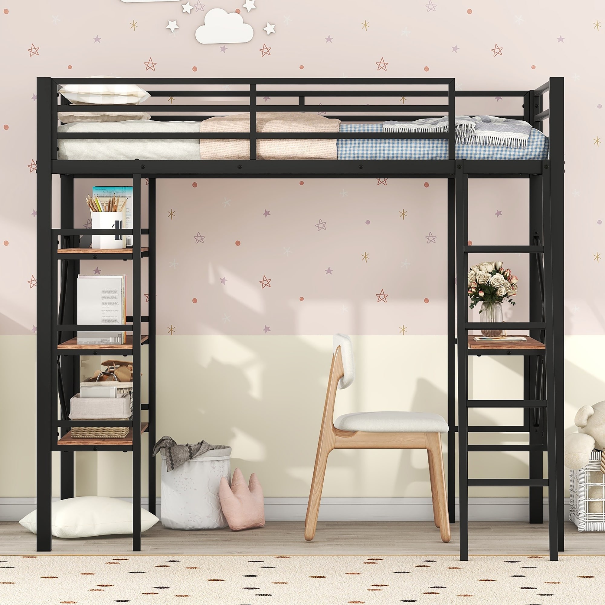 Twin Size Kids Loft Bed with Desk, Storage, Ladder & Safety