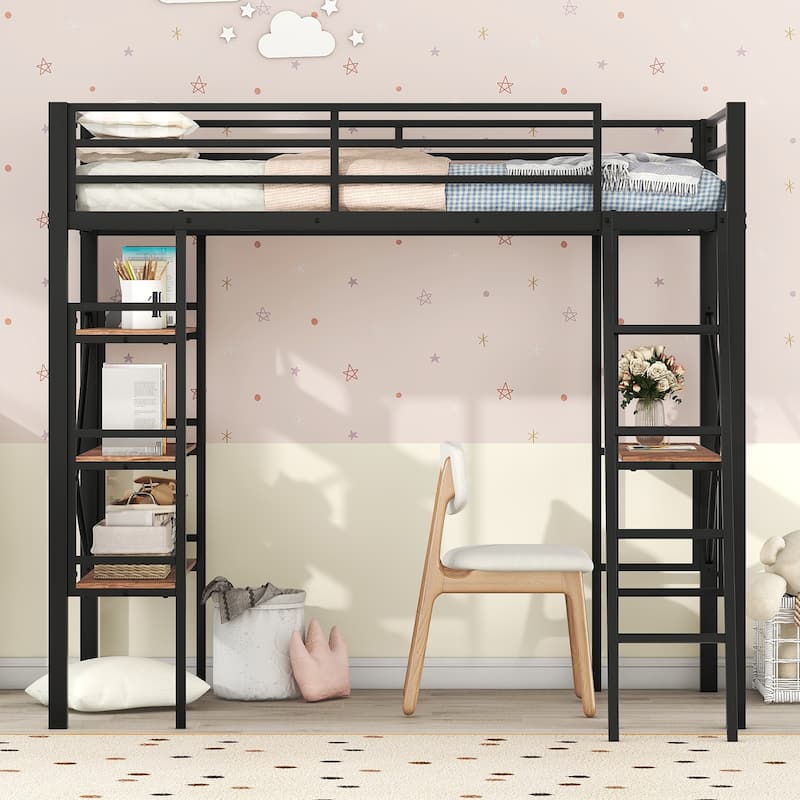 Twin Size Metal Loft Bed with Shelves and Desk for Kids, Boys and girls, Bedroom