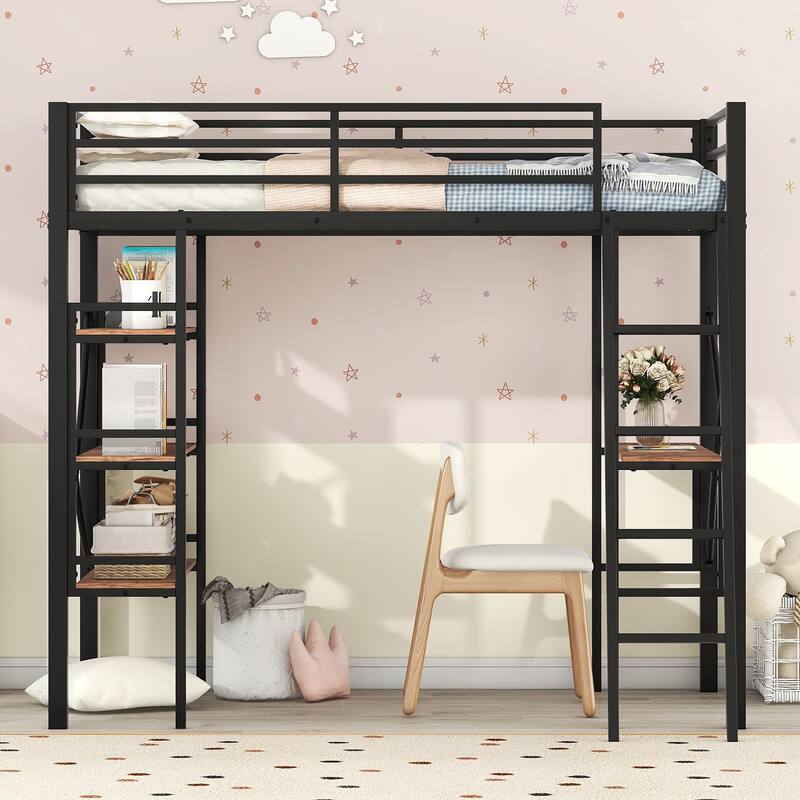 Twin Size Metal Loft Platform Bed with Built-in Desk and Shelves, Space-Saving Design, Sturdy Frame, No Box Spring Required