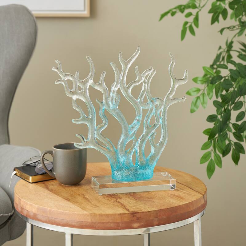 Blue Glass Ombre Coral Decorative Sculpture with Clear Rectangle Base