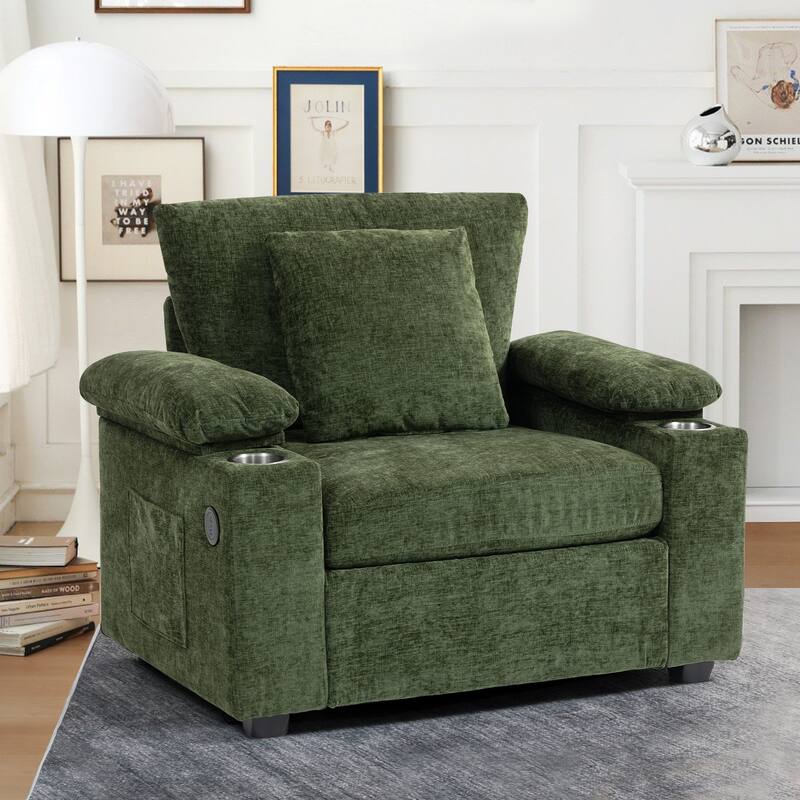 Modern Chenille Fabric Sofa Bed with Cupholders and USB Charging Ports