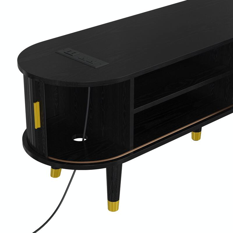 Wooden Oval Fluted TV Stand with Charging Station for TV up to 80", Mid-Century Media Console with Sliding Tambour Door