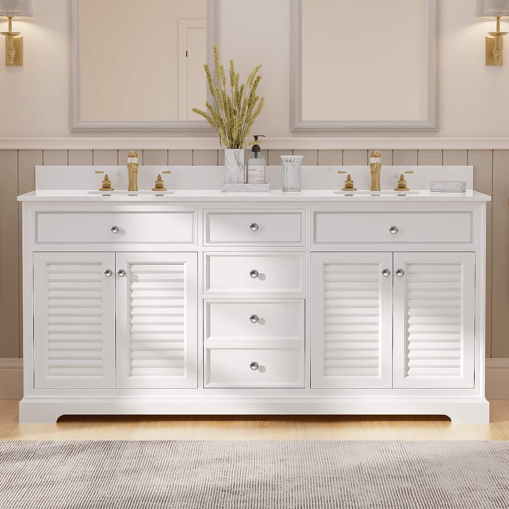 72-Inch Solid Wood Double Sink Bathroom Vanity with Louvered Doors – Classic Coastal Style and Ample Storage