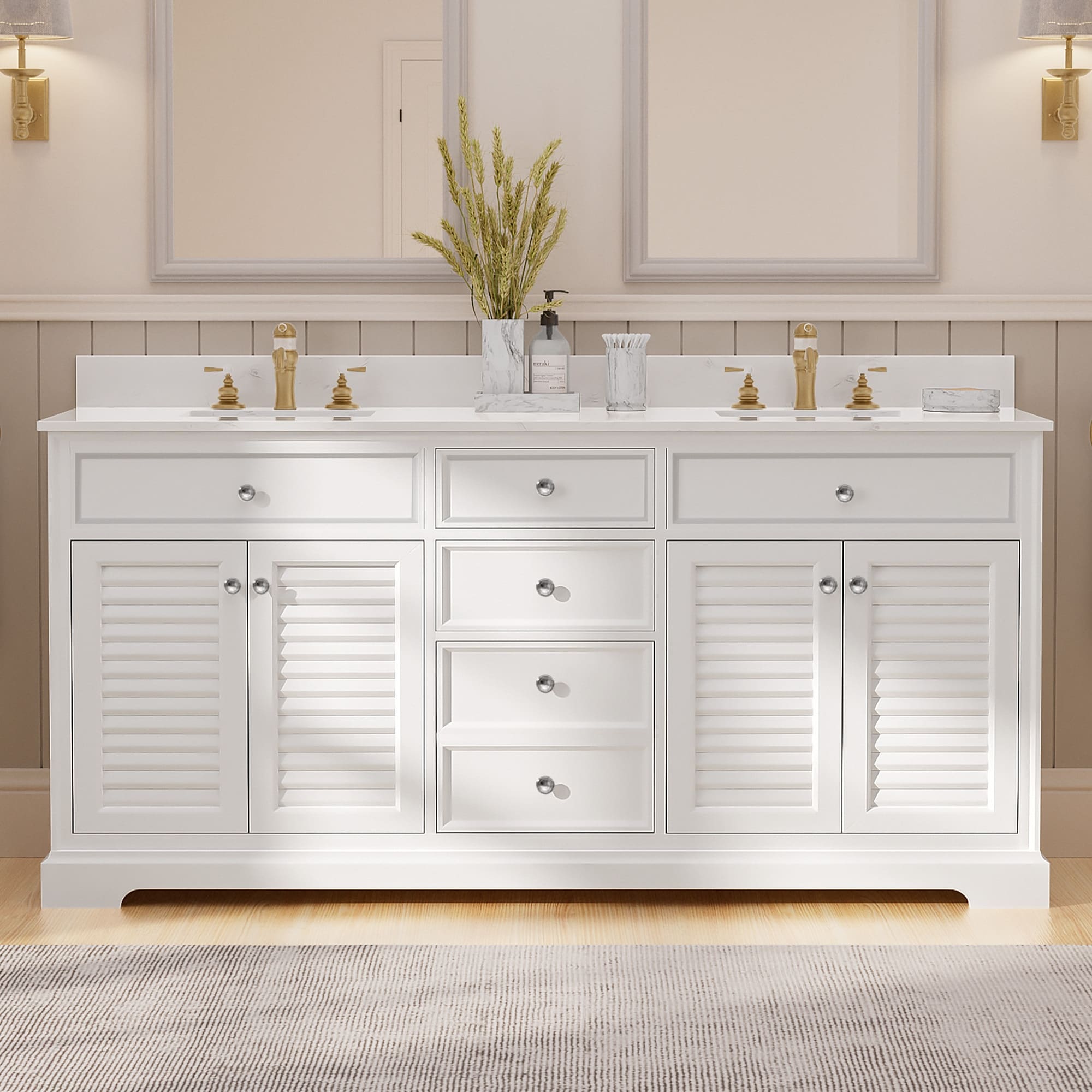 72-Inch Solid Wood Double Sink Bathroom Vanity with Louvered Doors - Classic Coastal Style and Ample Storage