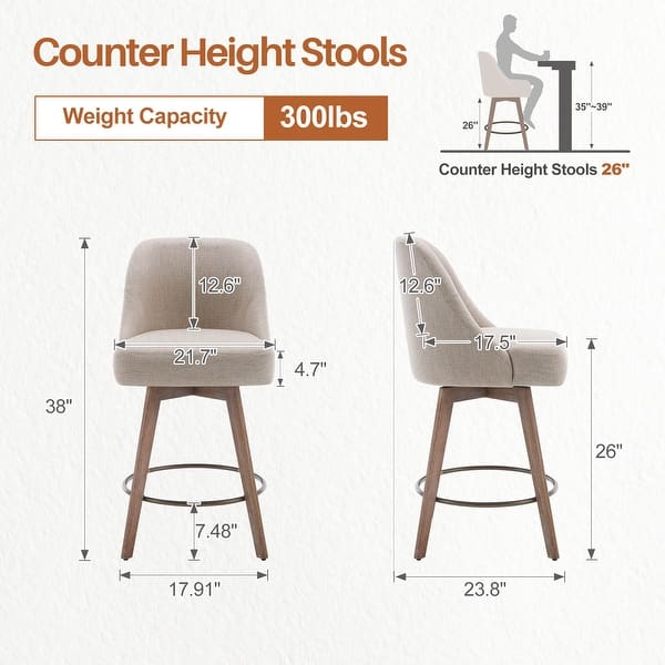 dimension image slide 5 of 7, 26" Counter Height Swivel Bar Stool, Upholstered Counter Stools - 23.8" (D) x 21.7" (W) x 38" (H)