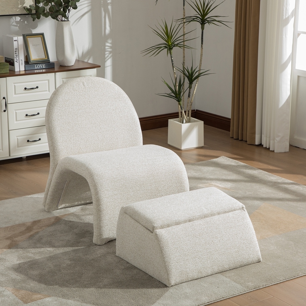 Upholstered Armless Chair with Storage Ottoman, Chenille Accent Chair - 1-Piece
