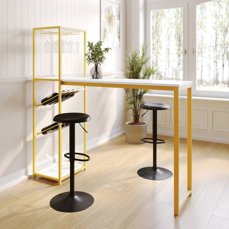 Modern Freestanding Metal Bar Table with Bottle and Stemware Storage