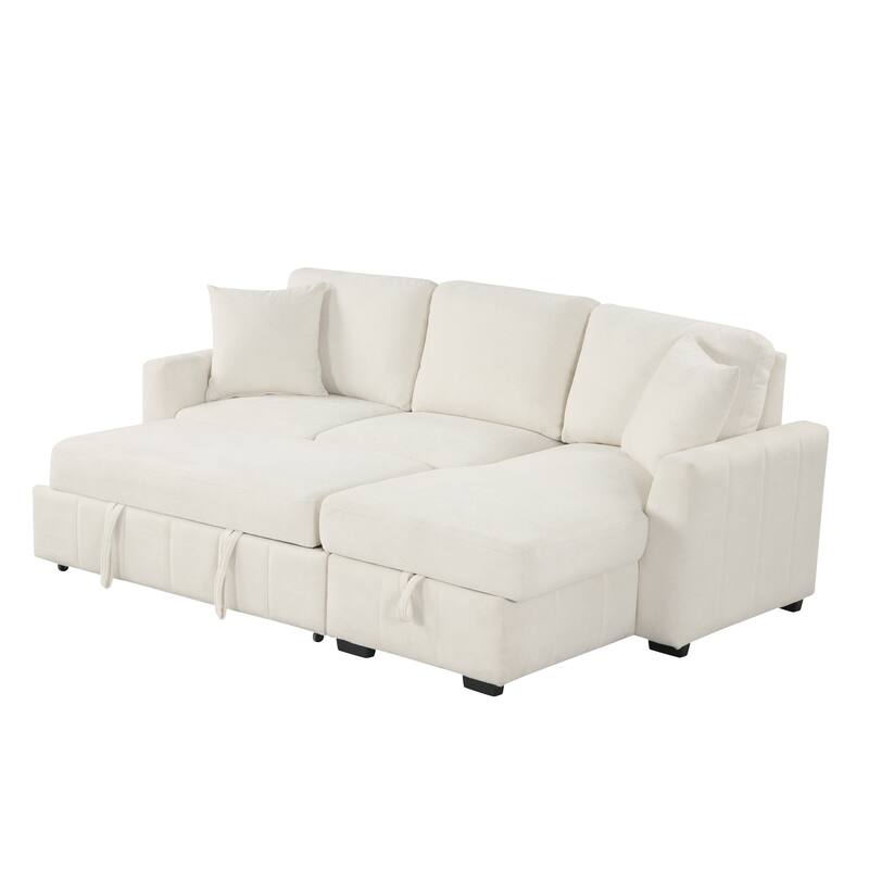 L-Shaped Sectional Sofa with Reversible Storage Chaise, Sleeper Sofa with Drop-Down Center Back Cushion and Cup Holders
