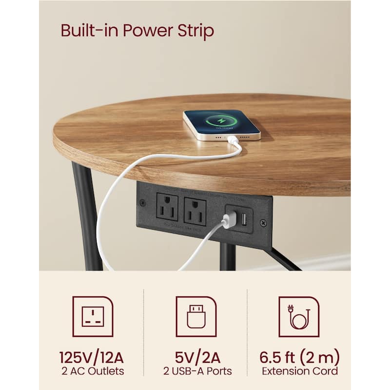 Metal Wood Round Side Table with USB Ports and 2 Tier Storage - 21.7"D x 21.7"W x 21.7"H