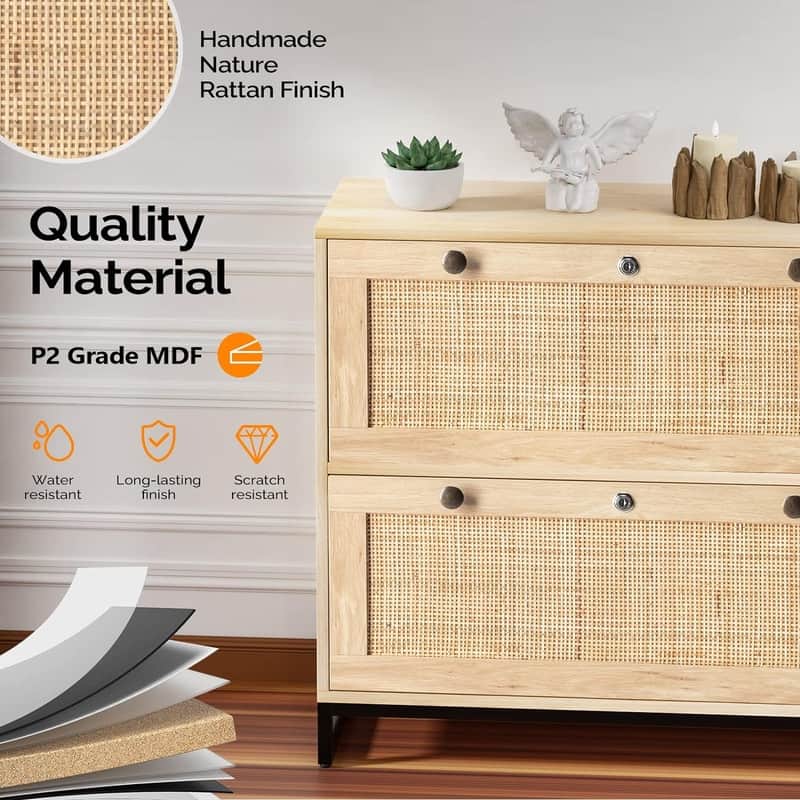 Wood Rattan 2-Drawer Lateral File Cabinet with Lock for Home Office