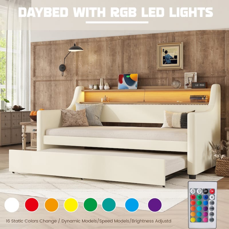 Twin Size Upholstered Daybed with Trundle,Charging Station and LED Lights