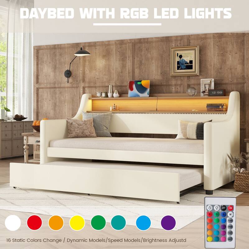 Versatile Twin Size PU Leather Upholstered Daybed with Trundle Open Shelf, Charging Station and LED Lights