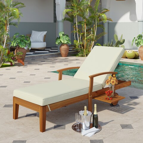 Solid Wood Chaise Lounge Patio Reclining Daybed with Sliding Cup Table
