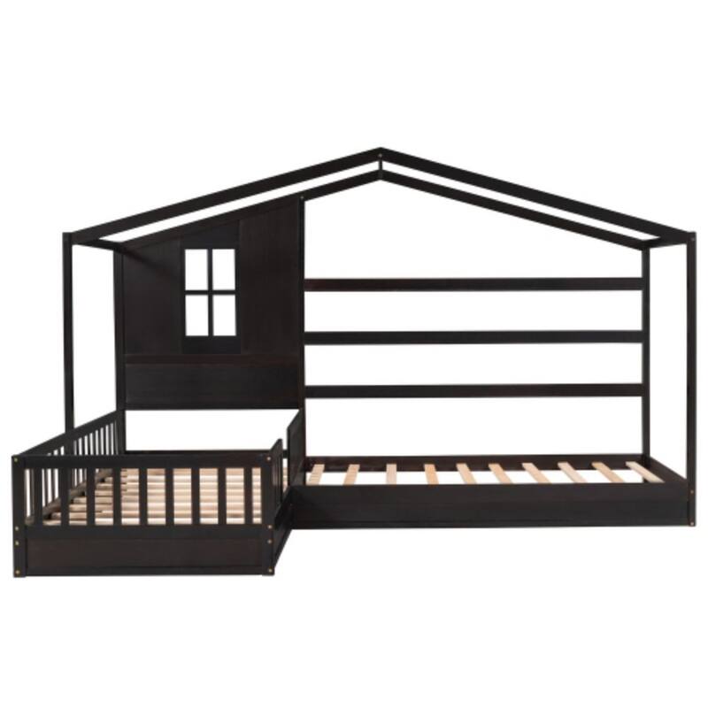 Wood House Bed Twin Size, 2 Twin Solid Bed L structure with Fence and Slatted Frame