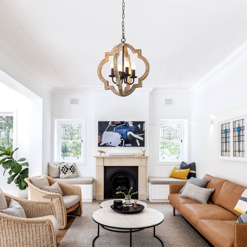 Cusp Barn 4-Light Wood Farmhouse Chandelier, Rustic Dining Room Light Fixture Over Table, Vintage Hanging Pendant Light