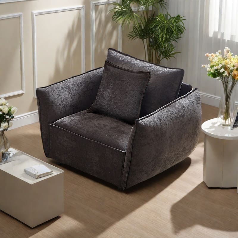 Minimalist Fabric armchair with Chenille Upholstery and Foam Cushions - Black