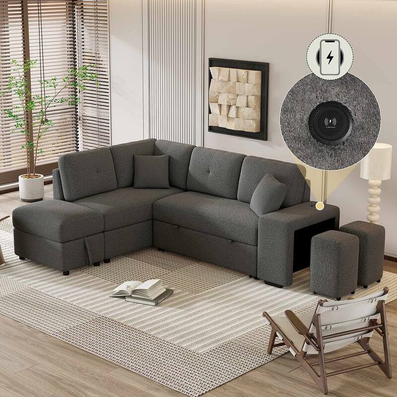 Sectional Sofa Pull Out Sofa Bed with Storage Ottoman, Convertible Sleeper for Living Room - Dark Grey