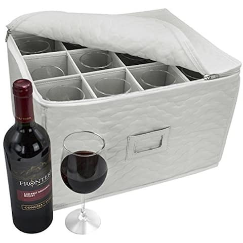 Stemware Wine Glass Storage Chest - Deluxe Quilted Microfiber Holds 12 Glasses (Beige / Gray)