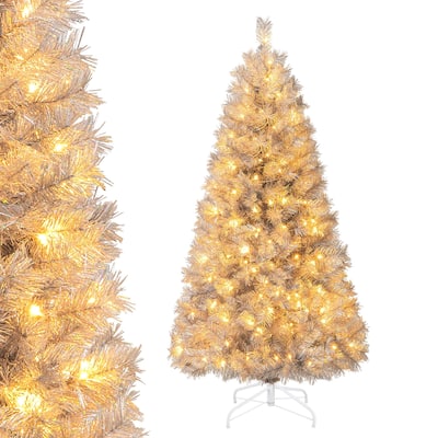 Gymax 5/6/7 FT Pre-Lit Artificial Christmas Tree Silver Tinsel Hinged - See Details