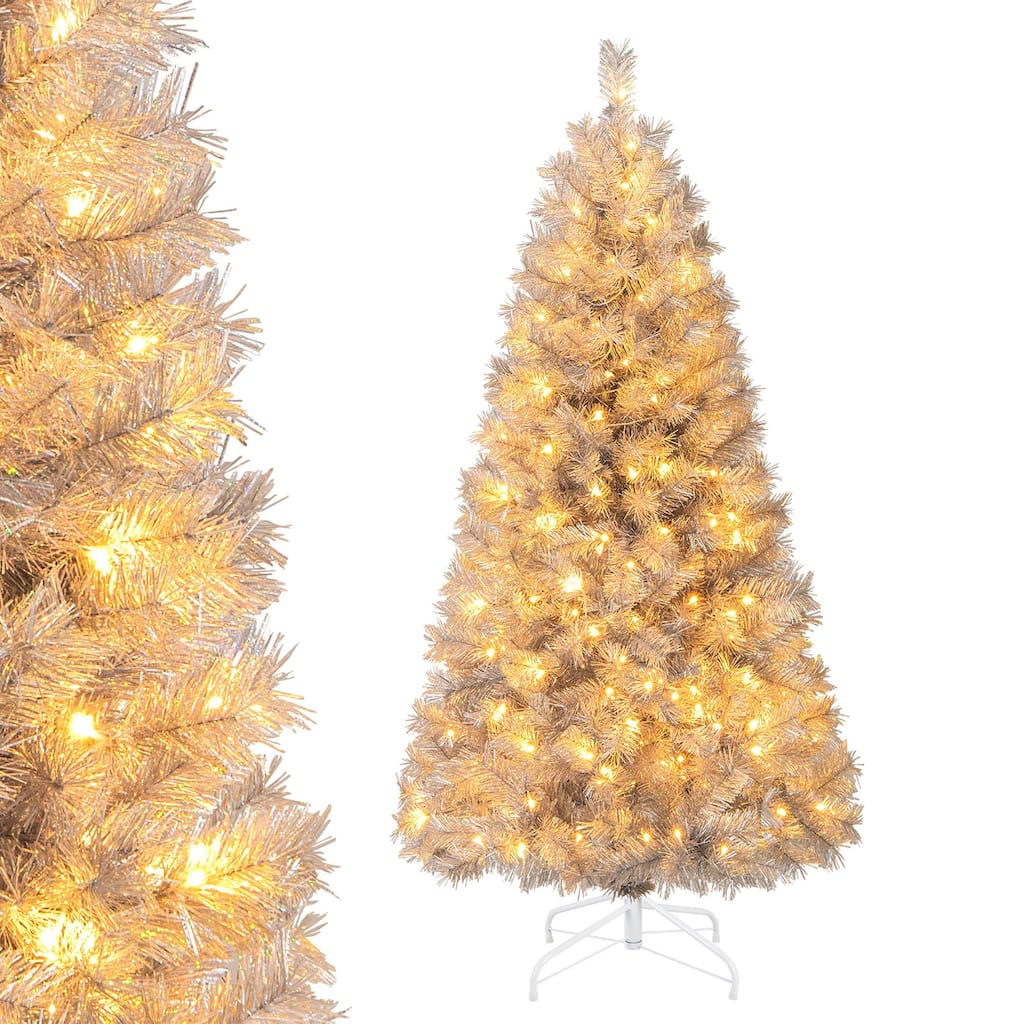 Gymax 5/6/7 FT Pre-Lit Artificial Christmas Tree Silver Tinsel Hinged - See Details