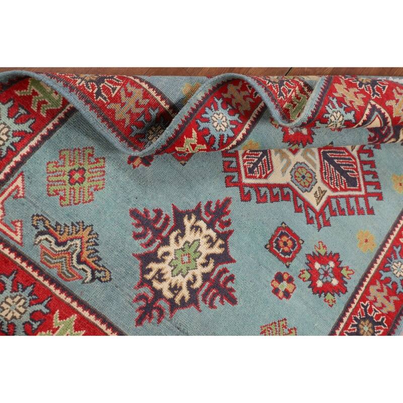 Light Blue Geometric Kazak Foyer Rug Hand-Knotted Oriental Wool Carpet - 3'5" x 4'10"