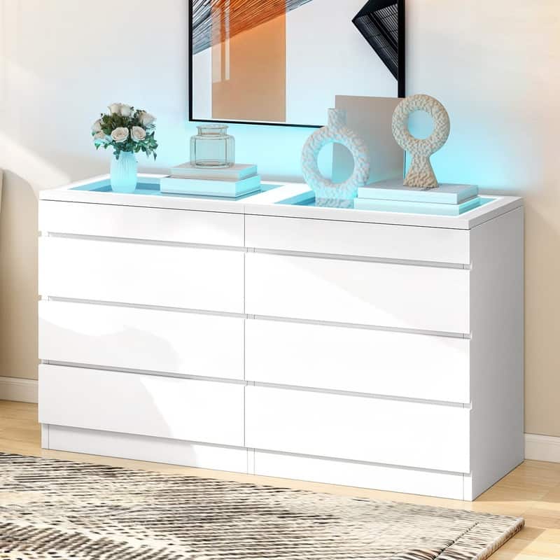 Moasis 4/8 Drawer Dresser Chest of Drawers Tempered Glass Top With LED Light