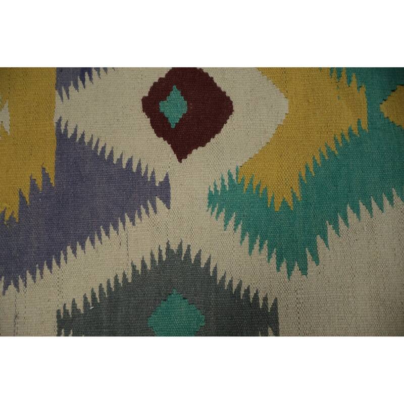 Hand Woven Oriental 100% Wool Carpet Southwestern Tribal Beige & Ivories Kilim Area Rug - 11' 4'' X 4' 9''