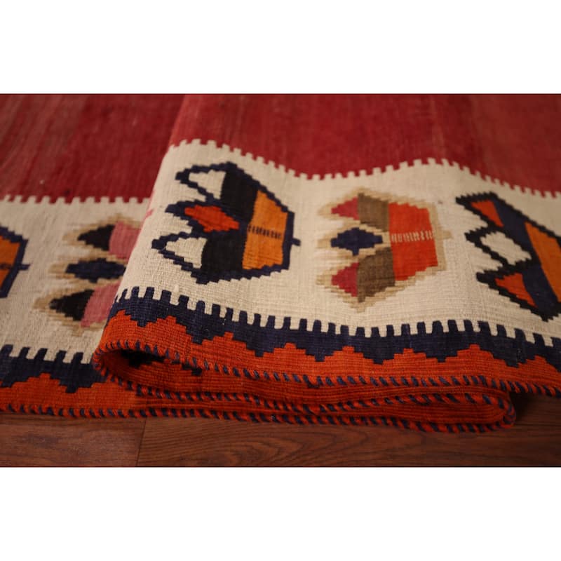 Kilim Qashqai Persian Vintage Rug Flatweave Red Tribal Wool Carpet - 5'2"x 8'0"